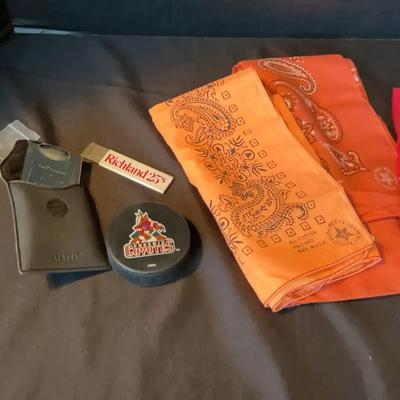 Bit Of Everything - Vintage Handkerchiefs, Moneyclip, Phoenix Coyotes Puck, Richland 25 Box Knife 