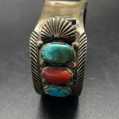 Interesting Turquoise And Red Rock Silver Tone Bangle Bracelet