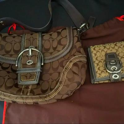 Coach Soho Flap Shoulder Bag, Wallet in Dust Bag, Brown Signature Logo Canvas