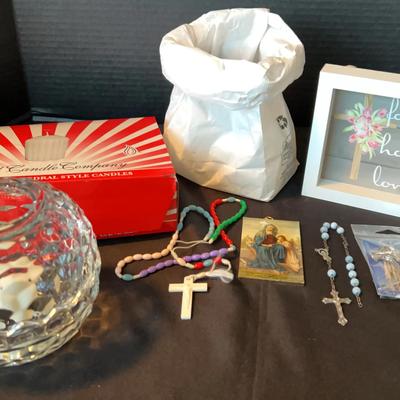 Cathedral Candles With Holder, Rosaries & Religious Decor