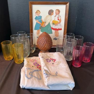 Home Decor & Glassware - 12 Drinking Glasses, Vintage Tablecloth, Norman Rockwell Picture