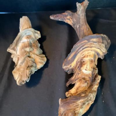 Yard Art - 2 Wood Carved Faces - Handcrafted Originals Unsigned - One of a Kind!