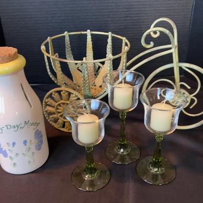 CUTE! Rainy Day Money Jar With Heavy Metal Plated Bicycle & 3 Green Candle Set