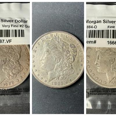 3 Morgan Silver Dollars - 1884 (O), 1885 (O), 1890 (P)