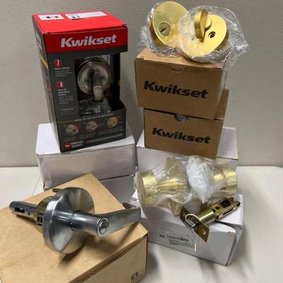 Kwikset SmartKey Lock, Falcon Lever, and Assorted Gold‑Tone Door Knobs