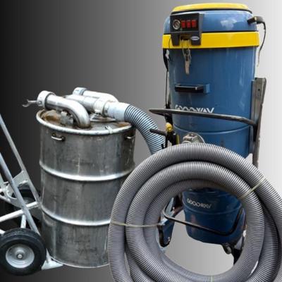 Goodway DV-E3 Industrial Vacuum, Overflow Drum & Hoses–Wet/Dry, $7-8K
