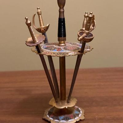 Vintage Toledo Cocktail Sword Pics With Decorative Stand