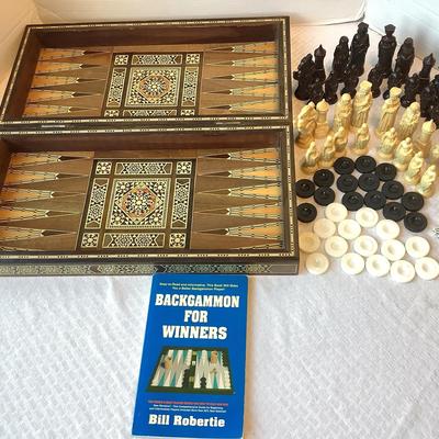  Vintage Inlaid Chess/Checkers/Backgammon Board W/Pieces
