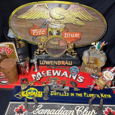 Assortment Of Collectible Bar Advertising Items-Openers, Mats, Signs, Flask