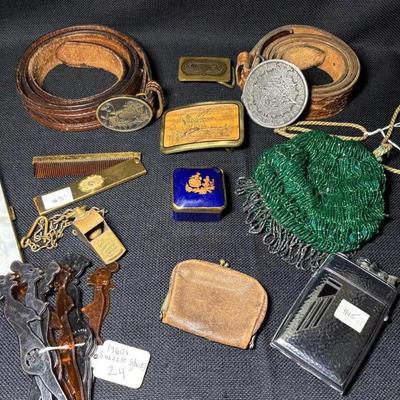 Vintage Belt Buckles, Beaded Purse, Lighter, Cigarette Case