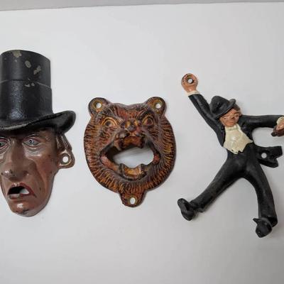 3 Cast Iron, Wall Mounted Bottle Openers