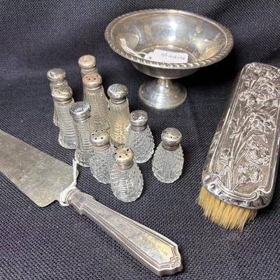 Assortment Of Sterling Weighted Items-Footed Dish, Brush, S/P Tops