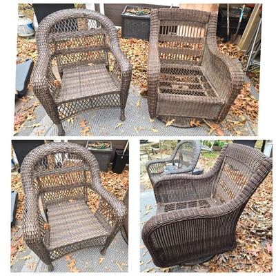 2 Brown Plastic Wicker Patio Chairs, Glider & Armchair 