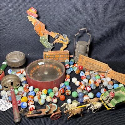 Collection Of Vintage Toys-Marbles, Metal Rattlers, Roulette, Wooden Toys & More