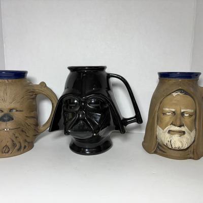 3 Jim Rumph Star Wars 1977 Collectible Tankard Mugs-Chewie, Darth Vader, Obey Won Kenobi 