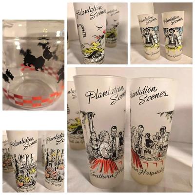 Vintage Plantation Scenes Glasses & Scotty Dog Pitcher 