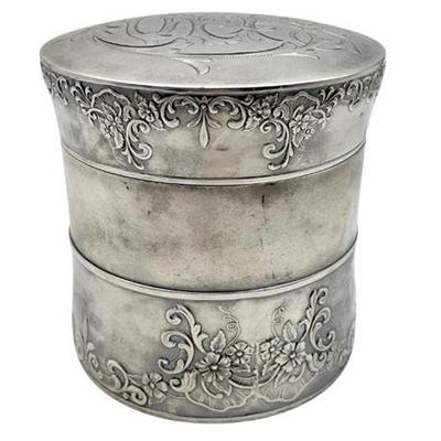Sale Photo Thumbnail #6: Lot 073   
Antique Quadruple Silver-Plated Lidded Canister