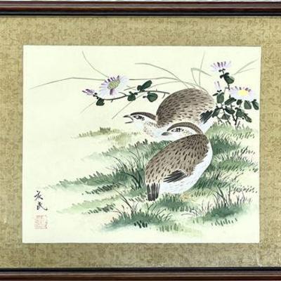 Sale Photo Thumbnail #29: Lot 039  
Vintage Japanese Watercolor 2 Birds