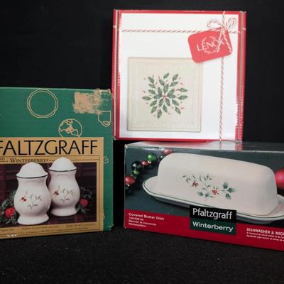 Pfaltzgraff Winterberry Collection - Salt and Pepper shakers, Butter dish, and a Trivet by Lenox.