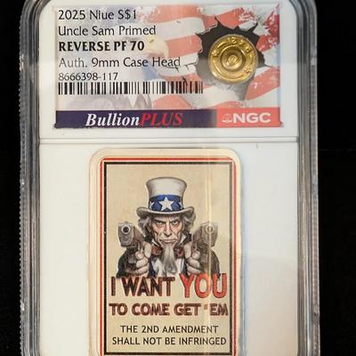 2025 Niue “Uncle Sam Primed” – Reverse PF70 with Embedded 9mm Case