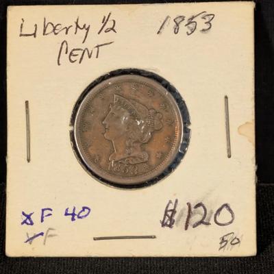 1853 - Braided Hair Half Cent XF