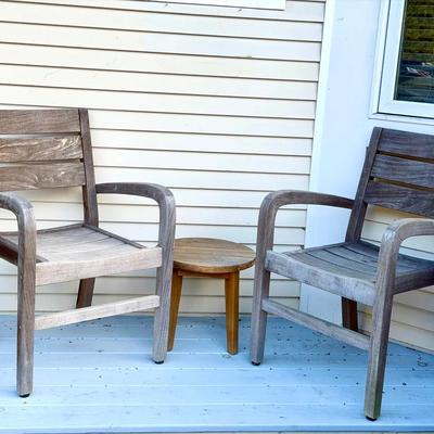 (2) Wooden Patio Chairs & End Table