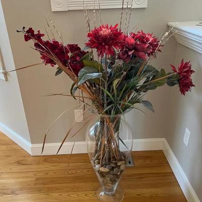 28” Clear Glass Vase with River Rocks & Faux Flowers
