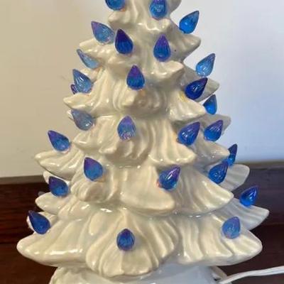 Vintage White And Blue Bulb Ceramic Light Up Christmas Tree 