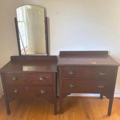 Pair of Classic Dark-Toned Wooden Dressers w/ Dovetail Drawers & Matching Mirror