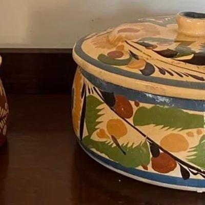 Large And Small Hand Painted Mexican Stoneware Pottery Dishes With Lids