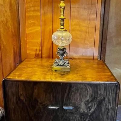 Gorgeous Art Deco Walnut Cabinet + Working Glass & Brass Lamp