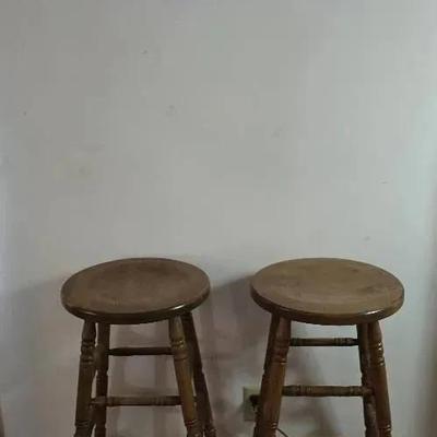 Wood Stools(2) With Glass Framed Wall Decor
