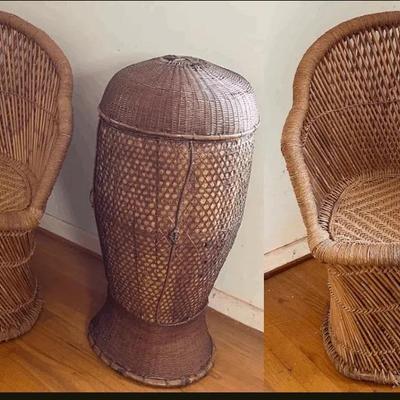 Tan Wicker Chair & Large Basket With Top