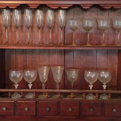 Vintage Glass Assortment: Pink Stem & Clear Crystal Wine, 'B' Initial Cordial & Smoke Gray Highball