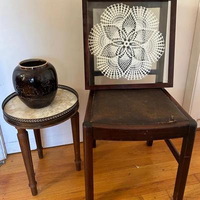 Marble Too Side Table, Framed Doily, Rustic Vase & Wooden Chair With Leather Seat