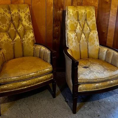 Pair of Golden High-Back Damask Accent Chairs w/ Wood Trim