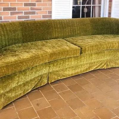 Hollywood Regency Charm! Large Vintage Olive Velvet Curved Sofa