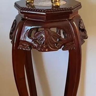 Asian Satsuma Censer & Marble Top Wooden Plant Stand 