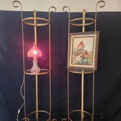 Home Decor - (2) Gold 3-Tier Display Stands, Etched Glass Accent Lamp & Signed Ruby Gragg 99 Paint