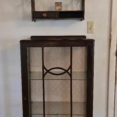 Vintage TURNIDGE LONDON LTD Curio With Glass Front/Sides & Key, Wall Curio Shelf With Drawer
