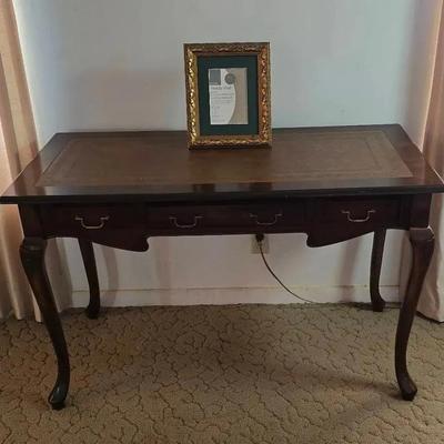 Wood Entry/Sofa Table With Vinyl Inlaid Top With Green Felt Lined Drawer & Faux Drawers On Back Side