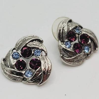 Retro Blue And Raspberry Silvertone Earrings