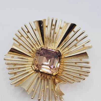 Crown Trifari Gold Tone Sunburst Pin with Smokey Center Stone