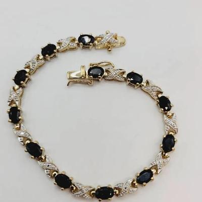 Gold Over Sterling 925 Vermeil Sapphire and Diamond Chip Bracelet 