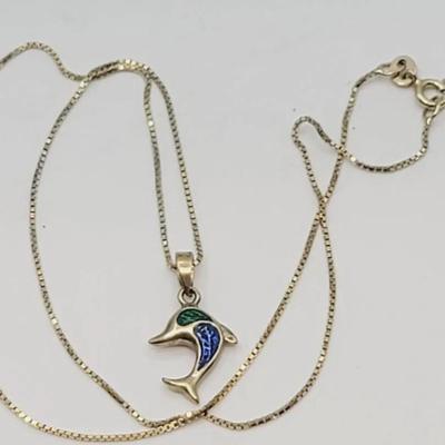 Gold Over Sterling Vermeil 925 Dolphin Pendant and Chain Necklace 