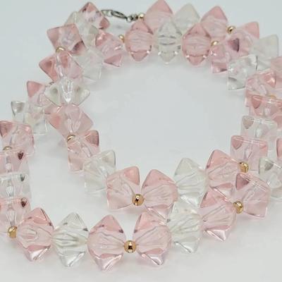 Pink Clear Lucite Pillow Bead Vintage Necklace