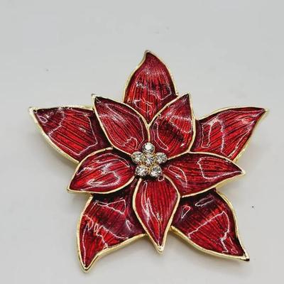 Eisenberg Ice Red Enamel and Rhinestone Poinsettia Pin