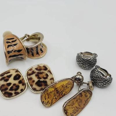 4 pr Organic Textured Clip Earrings Tiger Print, Leopard & More