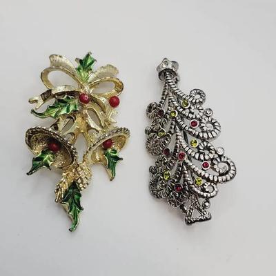 2 pc Christmas Pins Silver and Gold Tone Holly and Tree