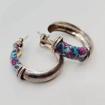 Rose Enamel 3/4 Hoop Sterling Earrings 925 Silver